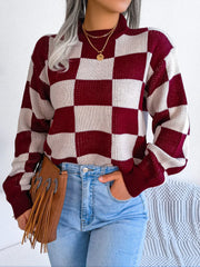 Black and white checkerboard knit mock neck sweater - View 16 | TEVQA