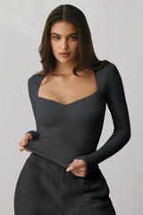 Cream Ribbed Sweetheart Neck Long Sleeve Top - TEVQA