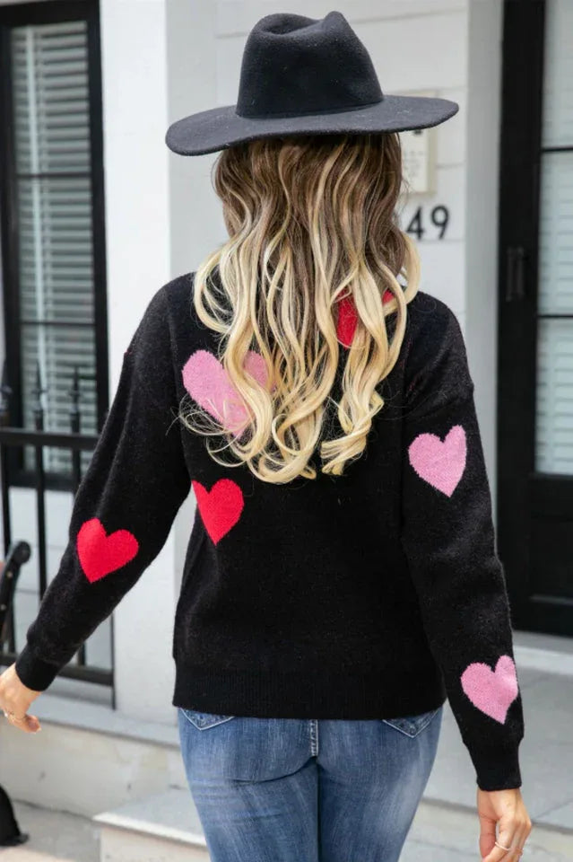 Soft Pink Heart Print Knit Sweater - View 11 | TEVQA