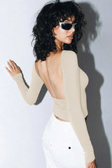 Ribbed knit long sleeve top with open back - View 12 | TEVQA
