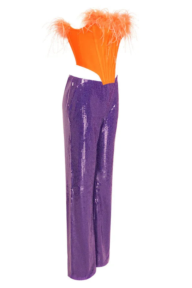 Sequin crop top and wide leg pants set with feather trim - View 13 | TEVQA