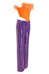 Sequin crop top and wide leg pants set with feather trim - View 13 | TEVQA