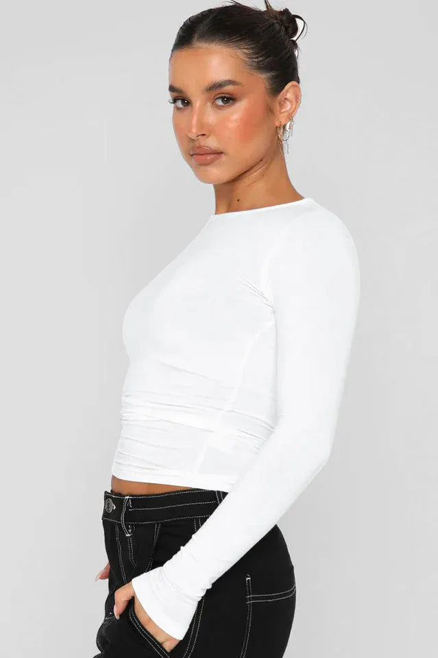 Fitted long sleeve crew neck top - View 6 | TEVQA
