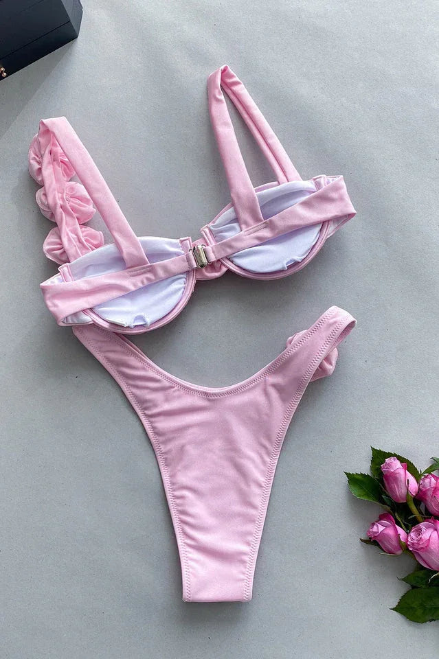 Ruched bikini set with floral accents and sweetheart neckline - View 9 | TEVQA