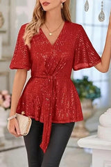 Sequin Peplum Top with Flutter Sleeves - View 10 | TEVQA