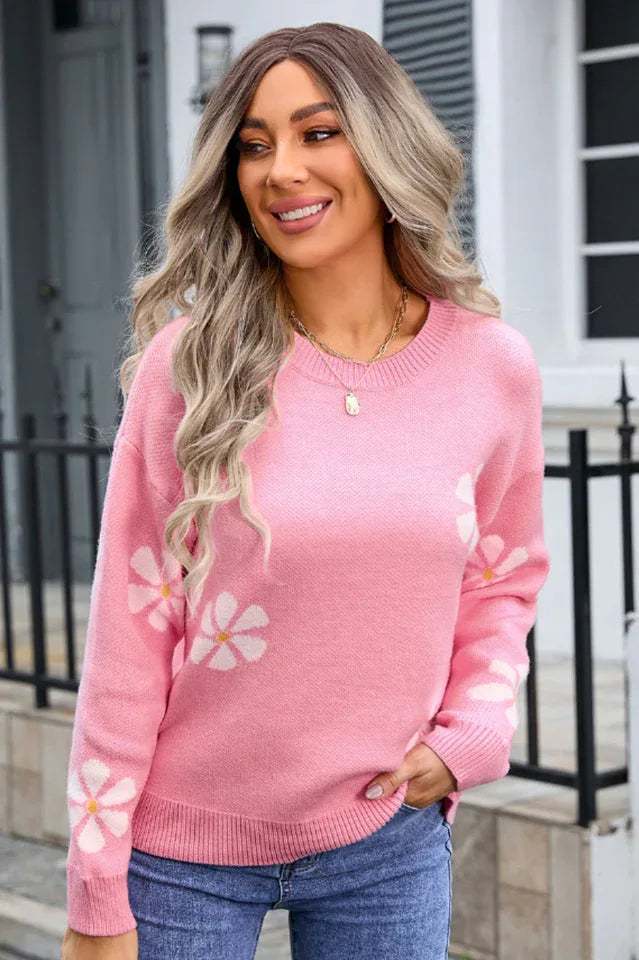 Cream floral knit pullover sweater - View 15 | TEVQA