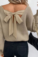 Ribbed knit sweater with satin bow tie back - View 6 | TEVQA