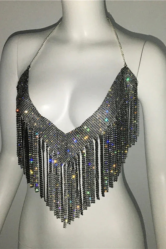 Sparkling Crystal Chainmail Crop Top - Backless Rhinestone Metal Mesh Cami - TEVQA