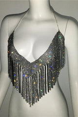 Sparkling Crystal Chainmail Crop Top - Backless Rhinestone Metal Mesh Cami - TEVQA