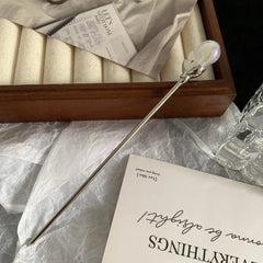 Minimalist Metal Hair Stick with Opalescent Rose - 4.6" Bun Pin