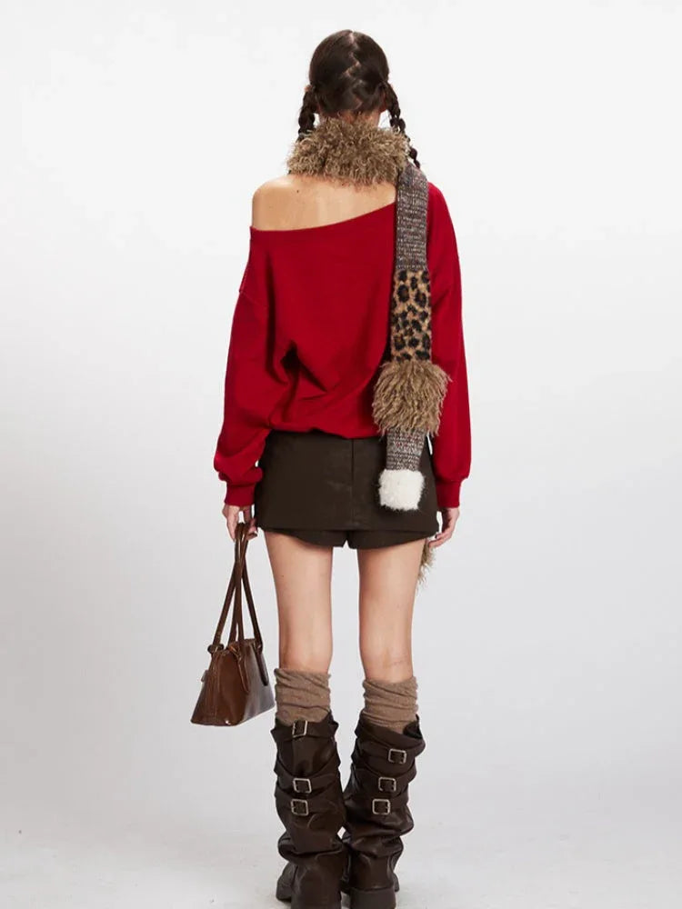 Y2K "Strike A Pose" Leopard Kitty Off-Shoulder Sweatshirt - TEVQA