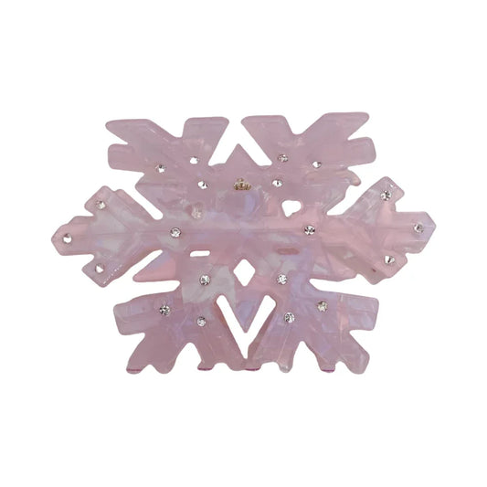 Pink iridescent snowflake hair clip with rhinestones