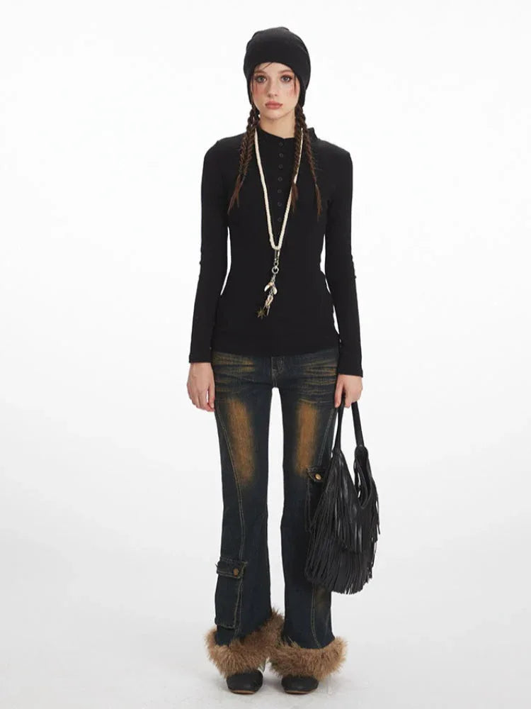 Y2K Essential Ribbed Henley Long Sleeve Top - TEVQA