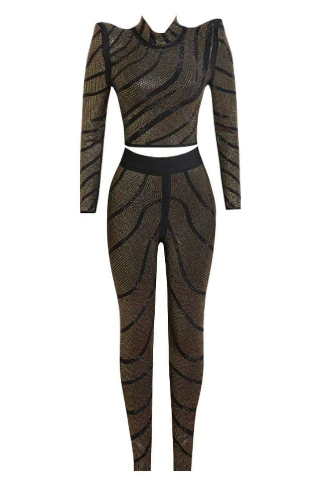 Agatha Long Sleeve Rhinestone Pantsuit Set - View 10 | TEVQA