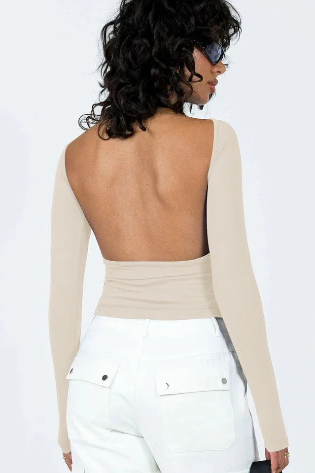 Ribbed knit long sleeve top with open back - View 13 | TEVQA