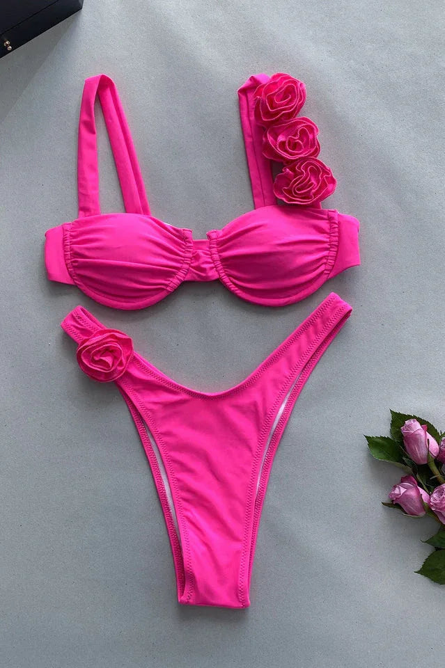 Ruched bikini set with floral accents and sweetheart neckline - View 10 | TEVQA