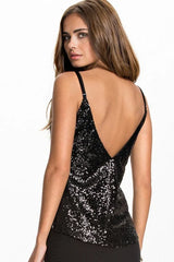 Black Sequin V-Neck Cami Top | Sparkly Loose Fit Spaghetti Strap Tank - TEVQA