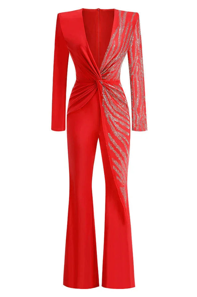 Women's Long Sleeve Flared Leg Jumpsuit - View 12 | TEVQA