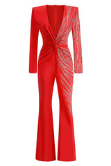 Women's Long Sleeve Flared Leg Jumpsuit - View 12 | TEVQA