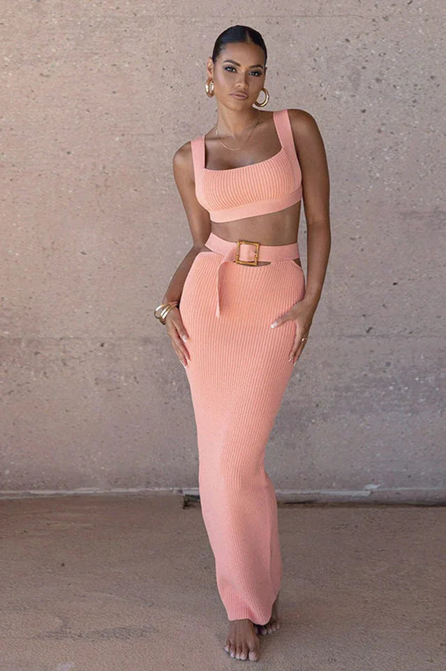 Ribbed knit cut-out belted dress set - View 7 | TEVQA