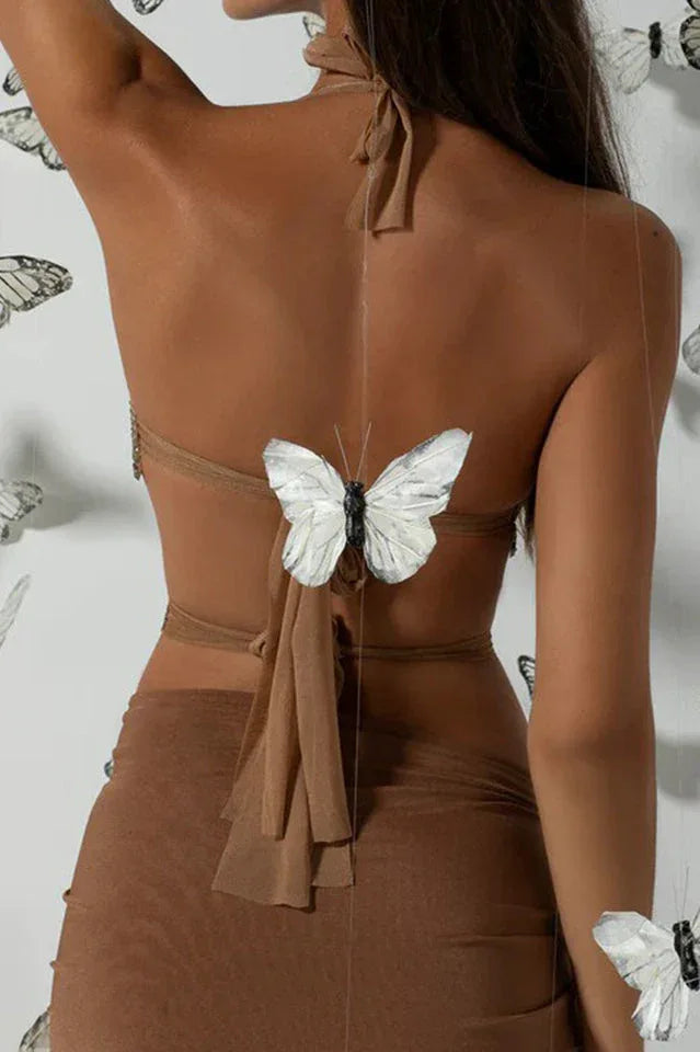 Gold sequin butterfly halter crop top - View 7 | TEVQA