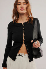 Vintage Rouge Ribbed Button-Front Long Sleeve Top - TEVQA