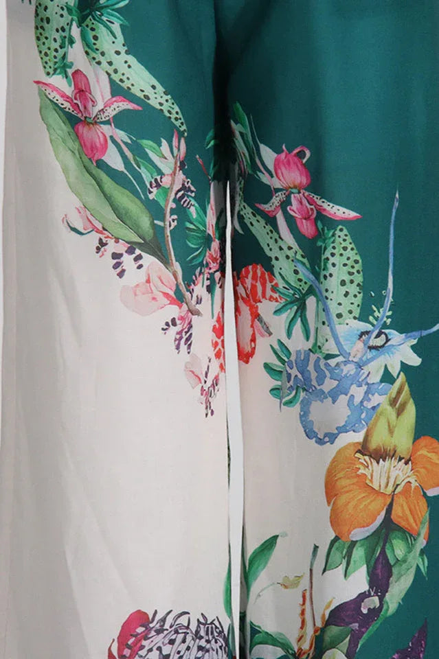 Green floral shirt and wide leg pant set - View 9 | TEVQA