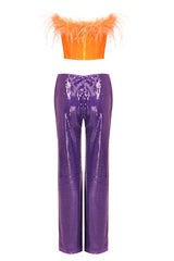 Sequin crop top and wide leg pants set with feather trim - View 14 | TEVQA