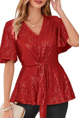 Sequin Peplum Top with Flutter Sleeves - View 9 | TEVQA