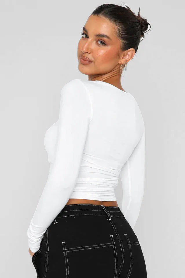 Fitted long sleeve crew neck top - View 7 | TEVQA