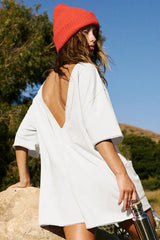 Oversized Crew Neck Romper with Open Back - View 14 | TEVQA