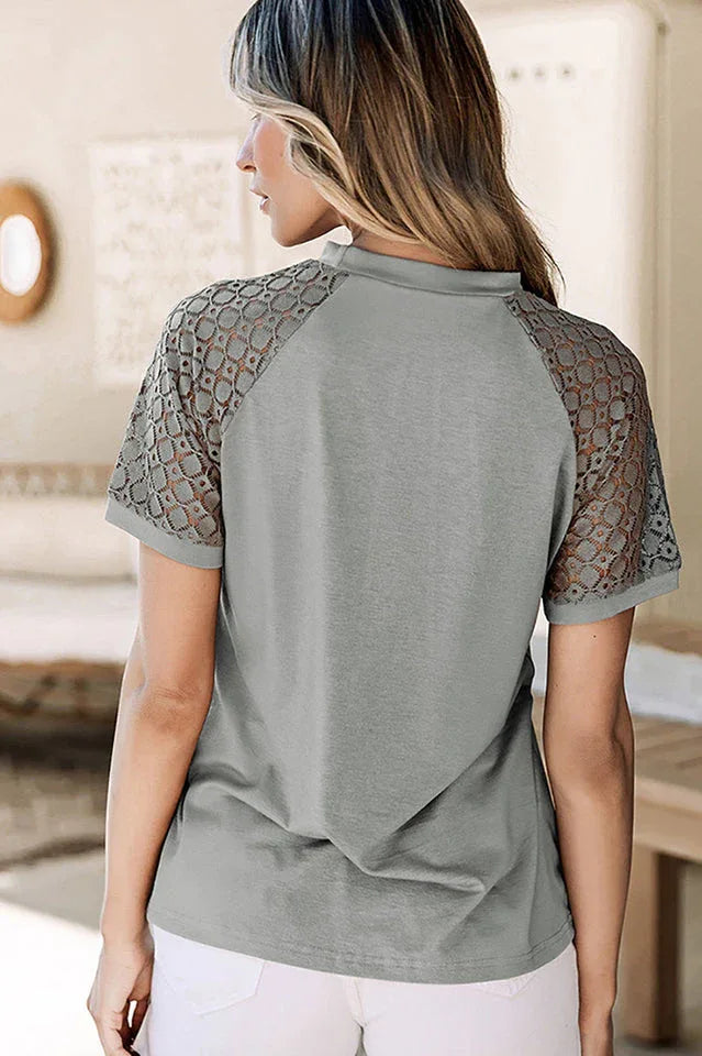 Lace Sleeve Pleated Mock Neck Blouse - View 14 | TEVQA