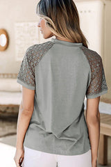 Lace Sleeve Pleated Mock Neck Blouse - View 14 | TEVQA