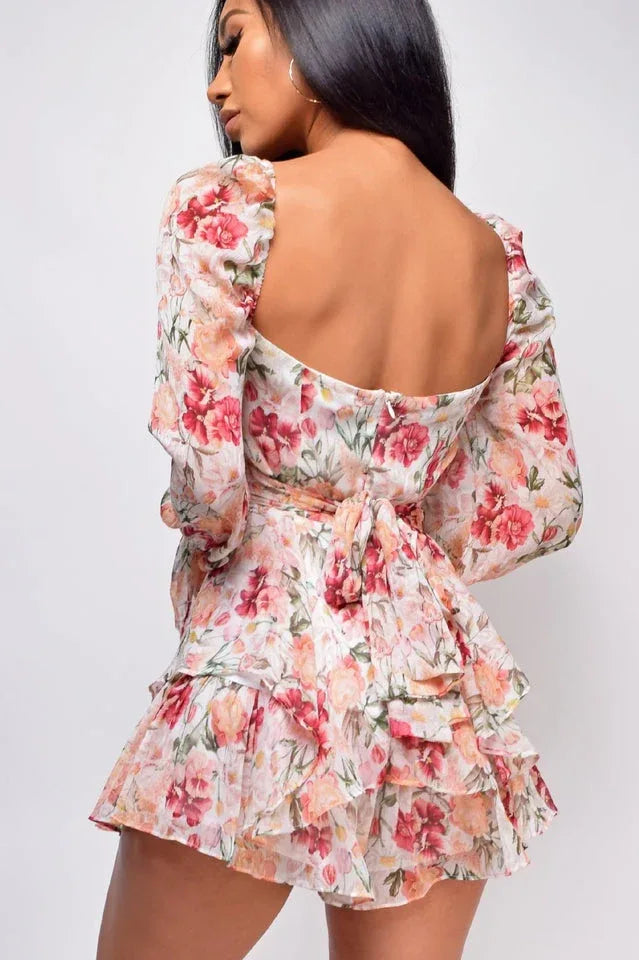 Floral shirred sleeve romper - View 8 | TEVQA