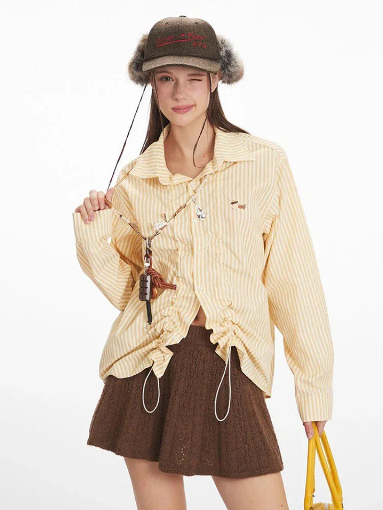 Vintage Yellow Striped Ruched Shirt - TEVQA