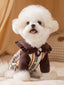 White dog wearing a brown and tan striped jumpsuit with a ruffled collar.