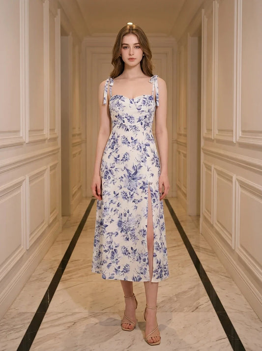Woman wearing a floral print midi dress with tie shoulder straps and a high slit, standing in a hallway.