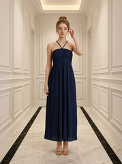 Plisse Halter Empire Maxi Dress - Navy