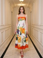 Vibrant Tropical Floral Print Maxi Dress Orange