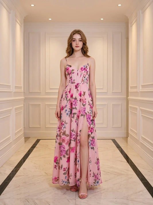 Woman wearing a pink floral print maxi dress with spaghetti straps and a high slit, standing in a hallway.