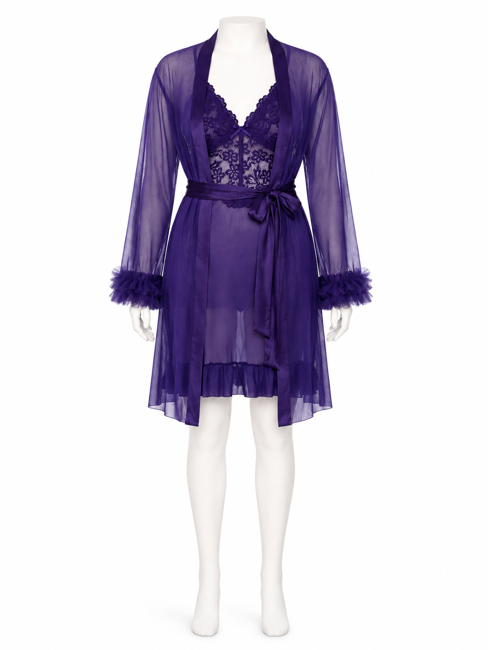 Purple sheer robe with lace trim, tie belt, and ruffled cuffs and hem, displayed on a mannequin front view.