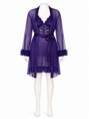 Purple sheer robe with lace trim, tie belt, and ruffled cuffs and hem, displayed on a mannequin front view.