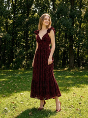 Velvet Floral Corset Back Maxi Dress - Burgundy