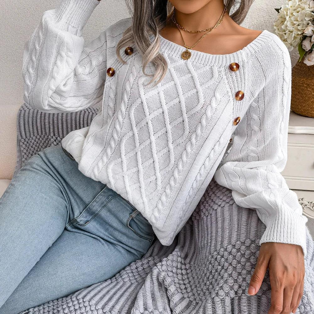 White Square Neck Pullover Sweater Top - TEVQA