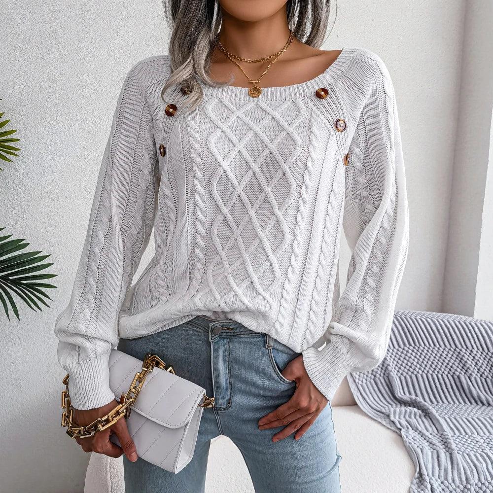 White Square Neck Pullover Sweater Top - TEVQA