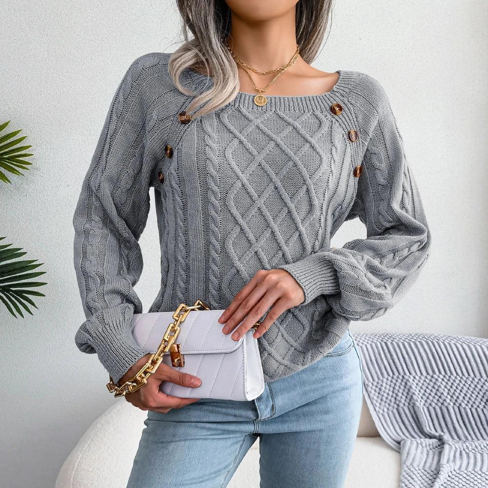 Gray cable knit pullover sweater with square neckline and decorative buttons - View 6 | TEVQA