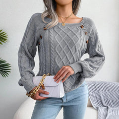 Gray cable knit pullover sweater with square neckline and decorative buttons - View 6 | TEVQA