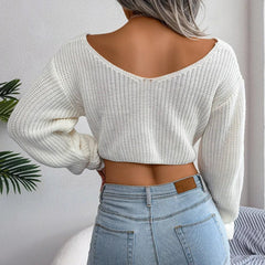 Olive Moss Twist-Front Crop Knit Sweater - View 10 | TEVQA
