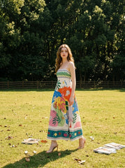 Tropical Beach Graphic Print Maxi Dress White