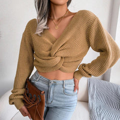 Olive Moss Twist-Front Crop Knit Sweater - View 13 | TEVQA